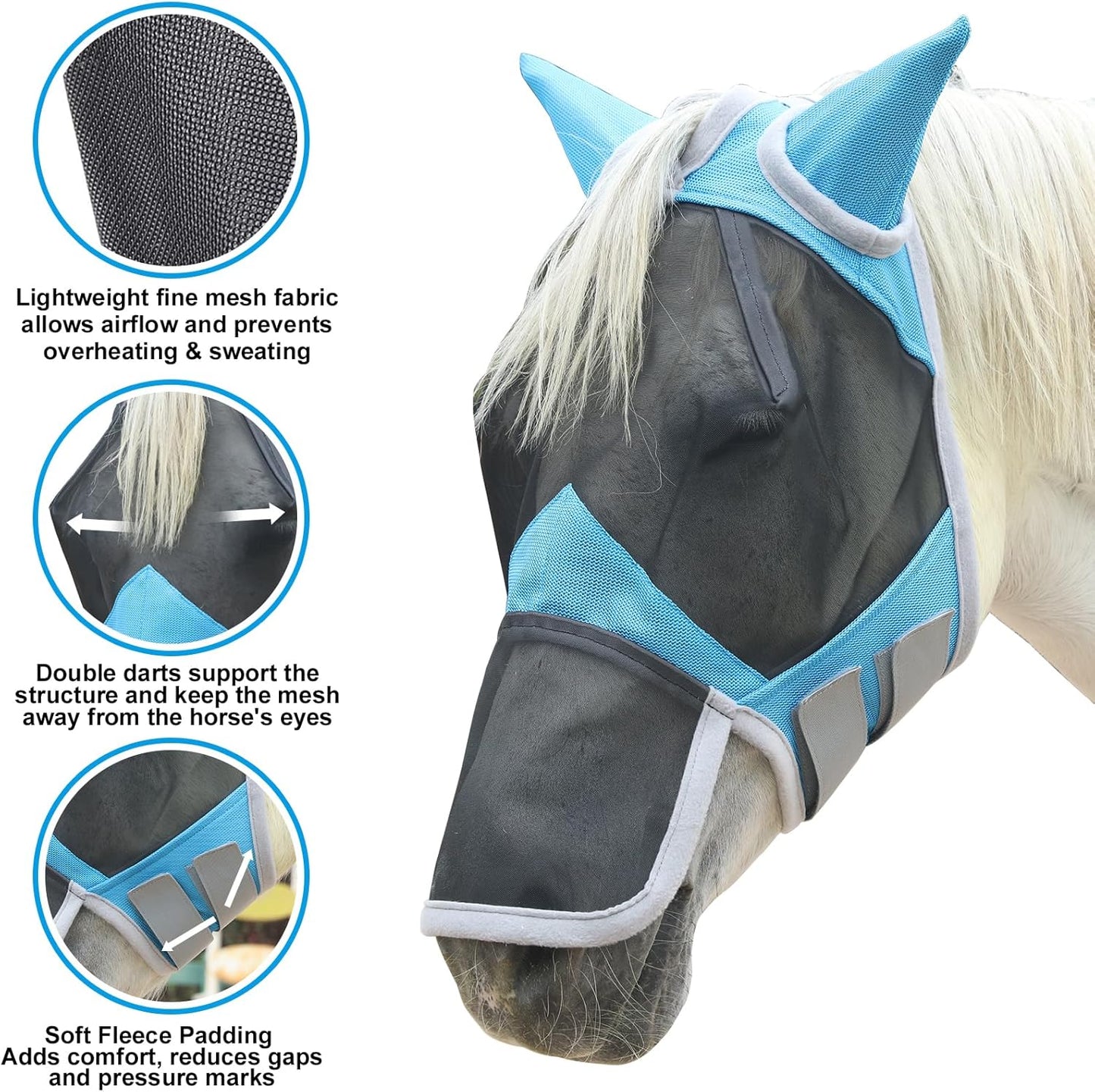 Horse Fly Mask with Ears & Long Nose Cover | Forelock Opening for Tangle-Free Mane Care | UV Protection & Breathable Mesh | No Rub Fit and Enhanced Visbility for Trail Riding Paleblue Pony