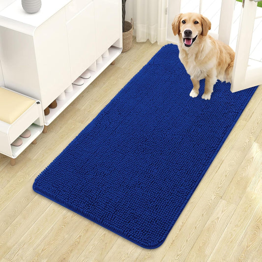 OLANLY Dog Door Mat for Muddy Paws 44x24, Absorbs Moisture and Dirt, Absorbent Non-Slip Washable Doormat, Quick Dry Chenille Mud Mat for Dogs, Entry Indoor Entryway Carpet for Inside Floor, Royal Blue