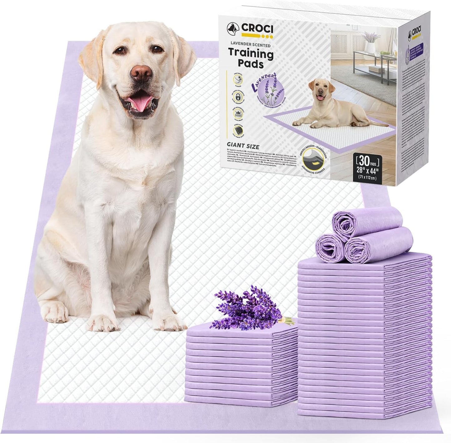 CROCI Dog Pads Extra Large 28x44in, Puppy Pads with Adhesive Tabs Super Absorbent Up to 12 Cups, Disposable (30 Counts)