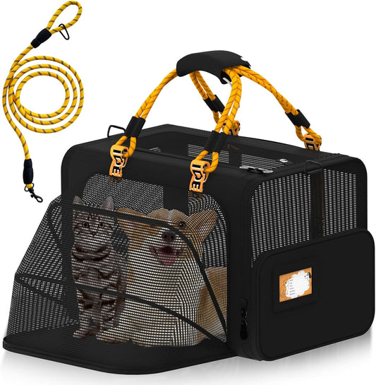 PAWZIDEA Expandable Large Pet Carrier, 24"X16"X16" Cat Carrier for 2 Cats, Collapsible Dog Travel Crate for Small Medium Dog Up 55lbs, Soft-Sided Secure Car Seat, XL Storage Pocket, ID Card, Chewproof