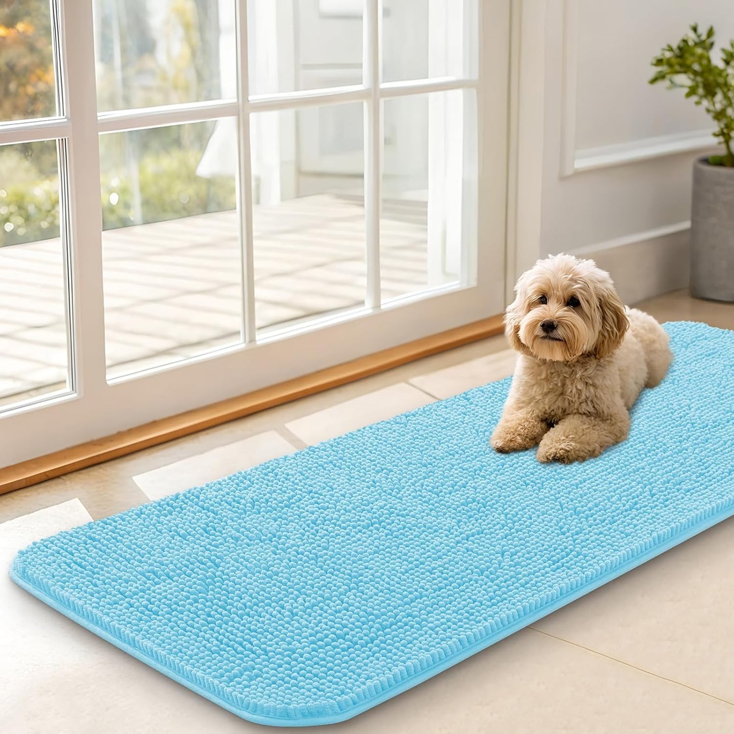 OLANLY Dog Door Mat for Muddy Paws 47x17, Absorbs Moisture and Dirt, Absorbent Non-Slip Washable Doormat, Quick Dry Chenille Mud Mat for Dogs, Entry Indoor Entryway Carpet for Inside Floor, Blue