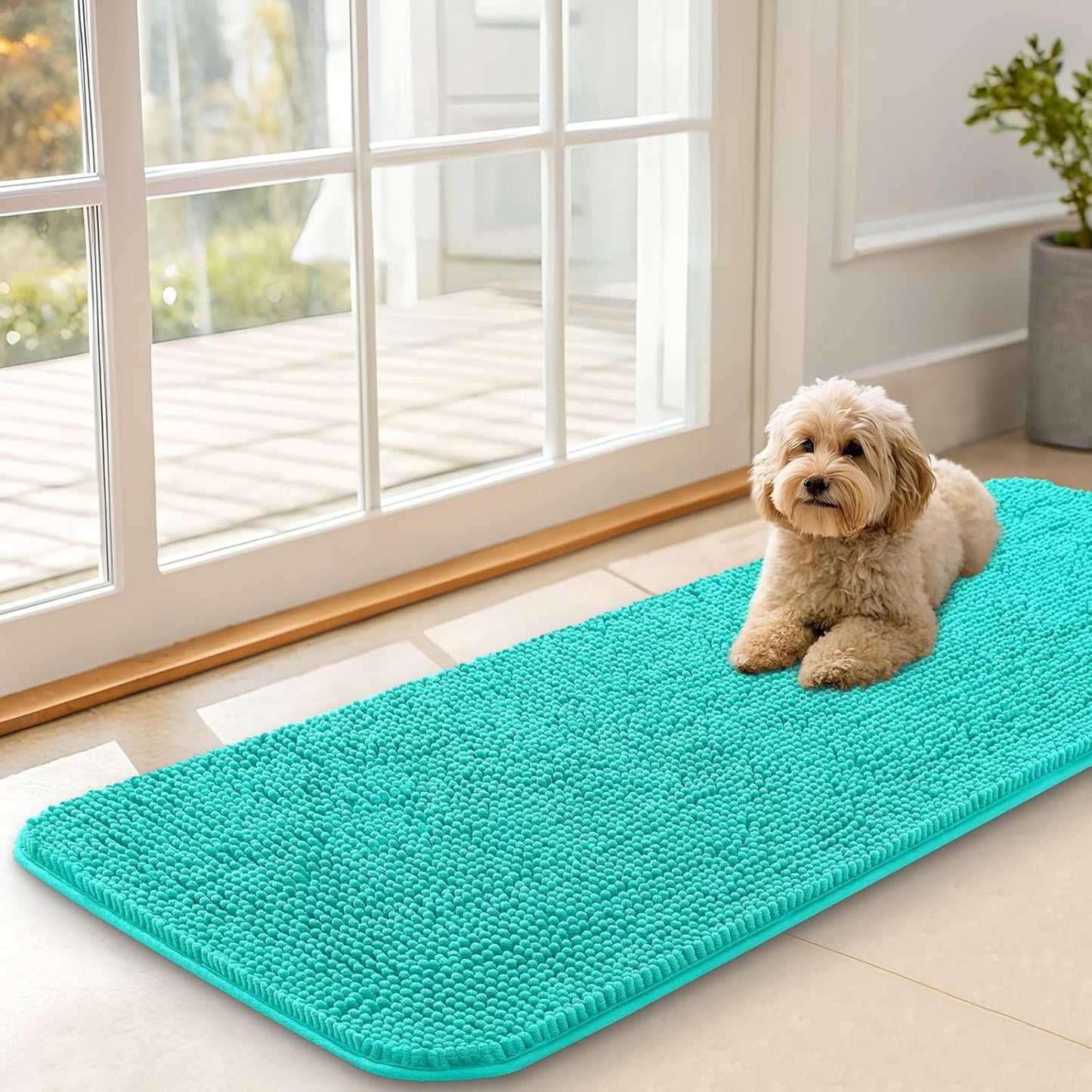 OLANLY Dog Door Mat for Muddy Paws 47x17, Absorbs Moisture and Dirt, Absorbent Non-Slip Washable Doormat, Quick Dry Chenille Mud Mat for Dogs, Entry Indoor Entryway Carpet for Inside Floor, Teal