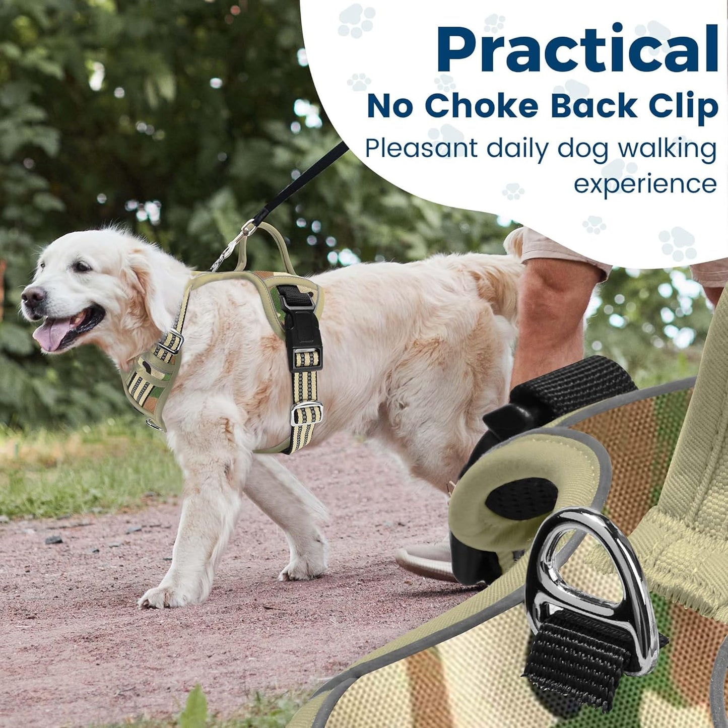 Funfox Dog Harness No Pull, Adjustable Pet Vest Harness, Super Soft Material with Vertical Handle Easy Control, Reflective Night Walking, 2 Leash Clips for Large Dogs, Camo Green, L