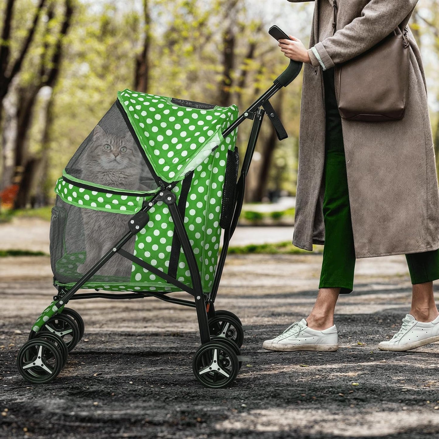 MoNiBloom 4 Wheels Pet Stroller, Easy-Fold Umbrella Shaped Dog Cat Jogger Stroller w/Storage Bag & Visible Mesh for Small/Medium Dogs Cats Lawn Green Polka Dots
