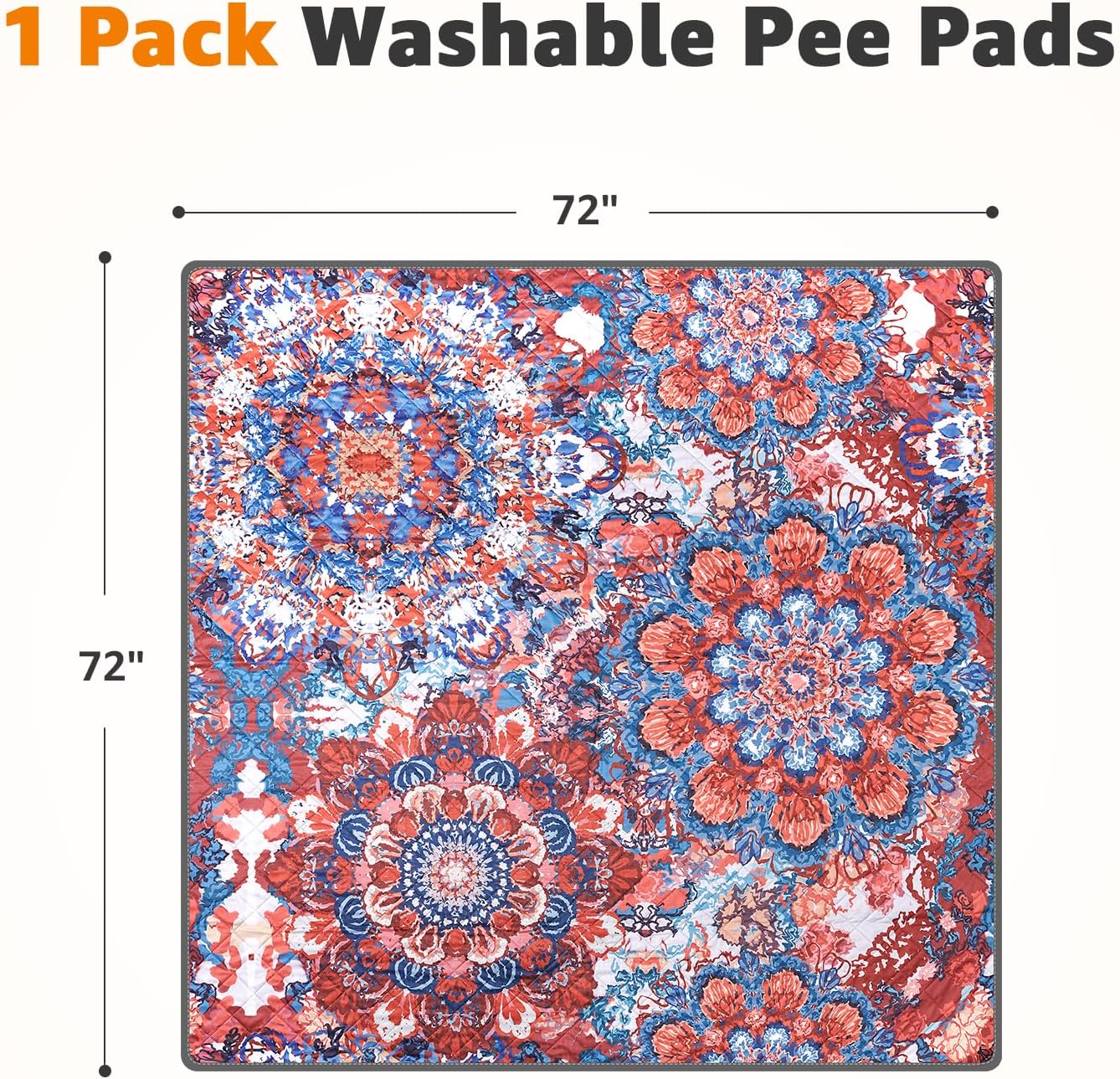 LOOBANI Washable Pee Pads for Dogs, 1 Pack Super Absorbent Reusable Puppy Pads Leakproof Dog Traning Pads, Waterproof Non-Slip Whelping Pad for Floor, Playpen, Crate, Couch-72 x72 (Red Flower)