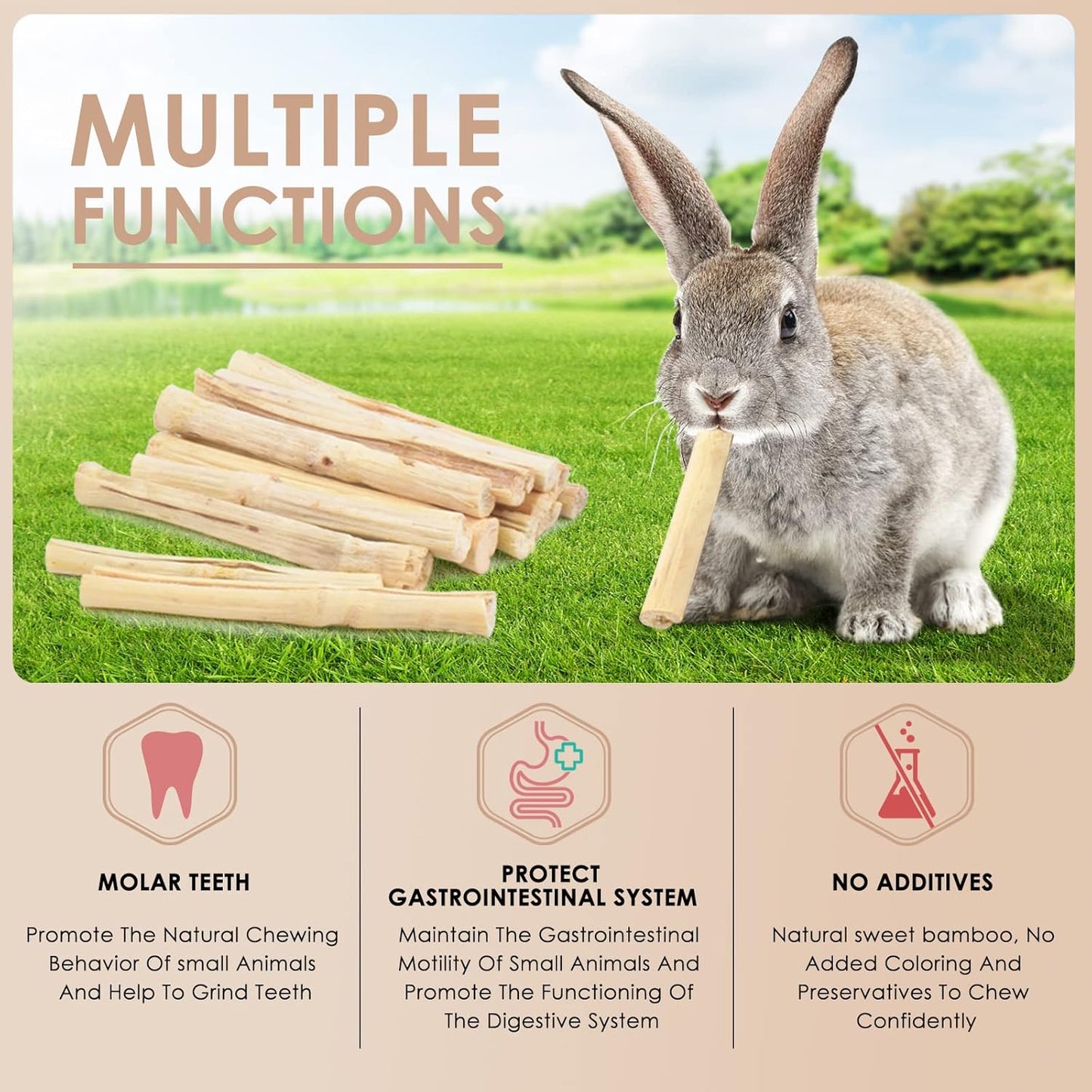 Bissap 145g/0.3Ib Sweet Bamboo Chew Sticks for Rabbits, Bunny Chew Sticks for Rabbits Hamster Chinchilla Guinea Pigs Rabbit Small Animals Natural Treats Teeth Grinding Chew Toys