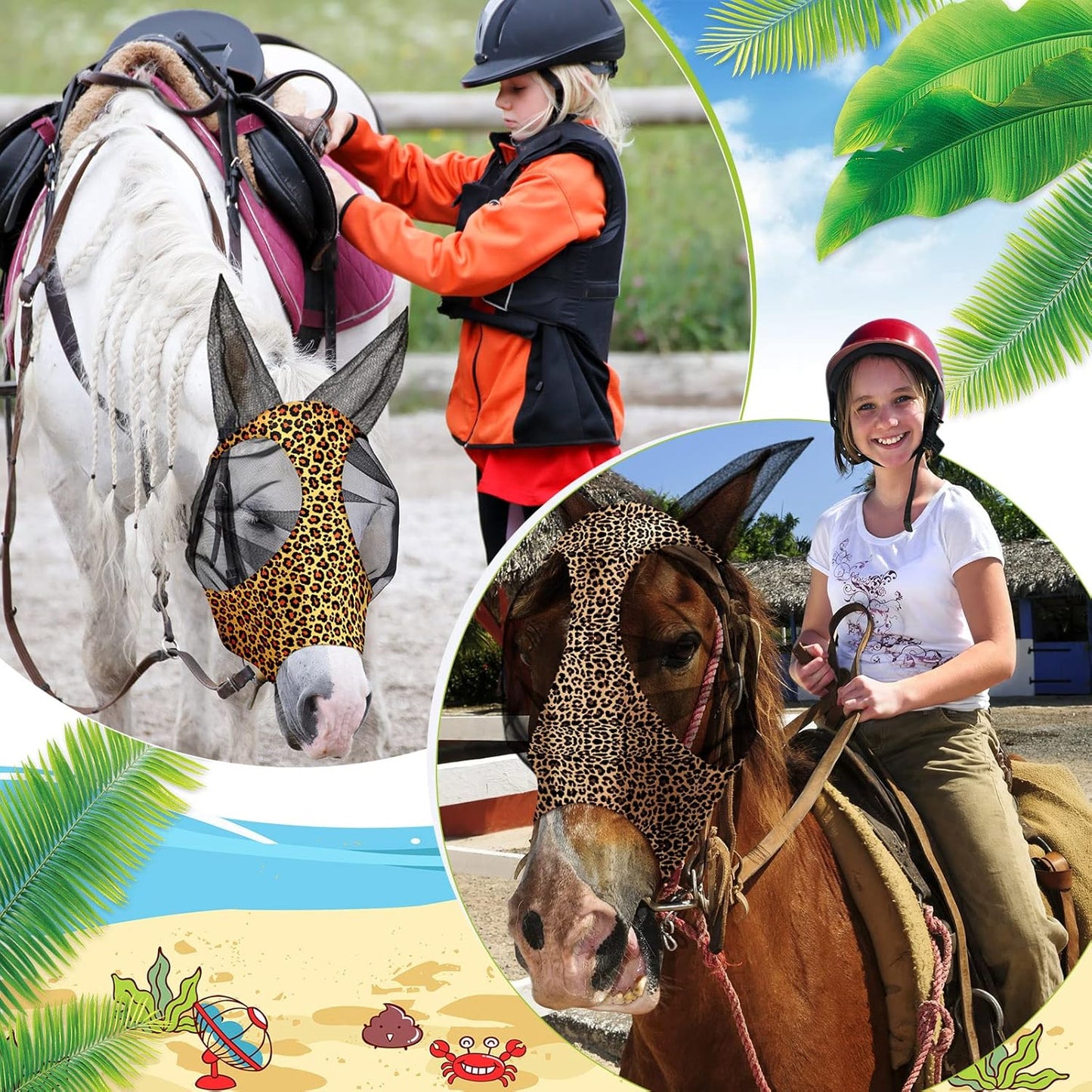 Chunful 6 Pcs Horse Fly Masks with Ears Smooth and Comfortable Cashel Mesh Fly Mask Elasticity Breathability UV Protection Horse Face Covering for Riding Supplies(Leopard,Medium)
