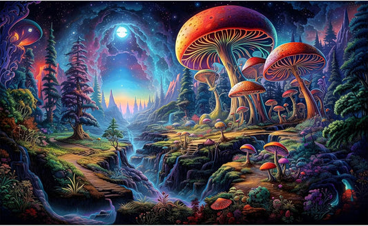 Forest Aquarium Background Fantastic Cartoon Forest Landscape with Mushrooms and Flowers Terrarium Background Fantasy Pine Tree Mysterious Mushroom Theme Fish Tank Backdrop Poster Decor 30x12in