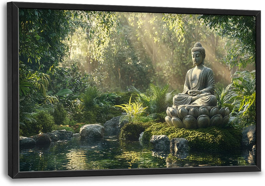 Large Buddha Forest Wall Art for Living Room, Framed Oversized Tree Lake Wall Decor, Nature Landscape Canvas Painting Modern Artwork Home Decoration for Dining Room Bedroom Office 36"x24"