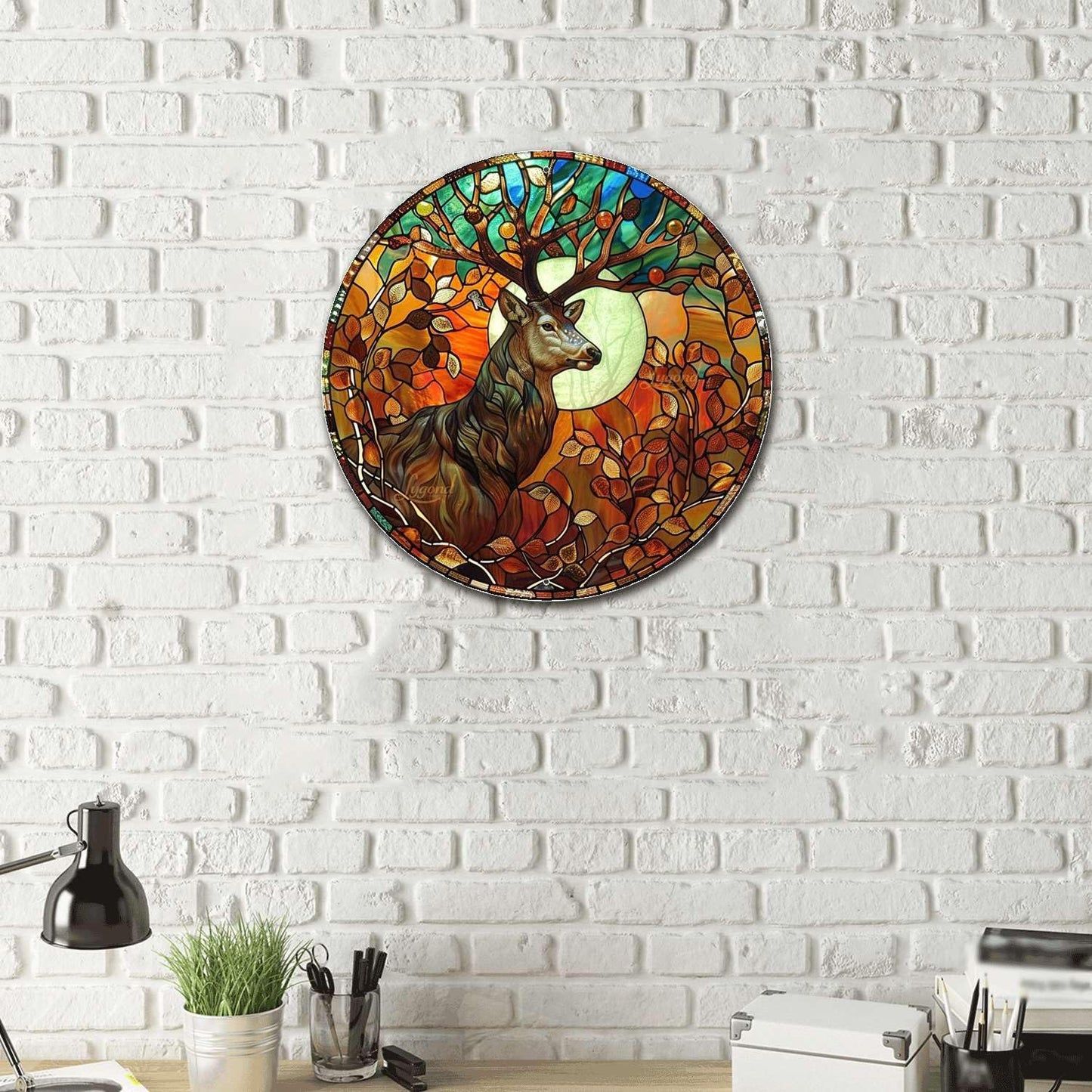 Lygond Metal Sign Tin Sign Circular Stained Glass Deer Vintage Metal Sign for Garage 8×8 Inches