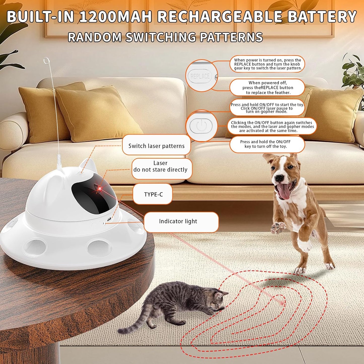 Cat Laser Toy,3-in-1Interactive Cat Toys Automatic Cat Toy with 360° Random Laser & Interactive Feather - 5 Laser PatternsUSB Rechargeable Motion Activated Moving - Fun Toys for Indoor Cats & Kittens