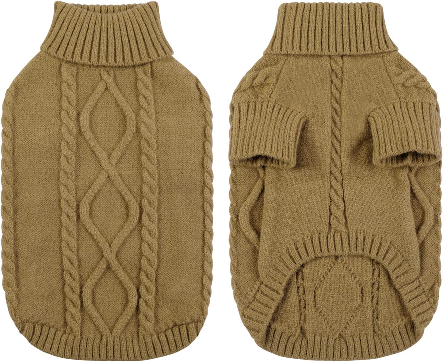 Queenmore Small Dog Pullover Sweater, Cold Weather Cable Knitwear, Classic Turtleneck Thick Warm Clothes for Chihuahua, Bulldog, Dachshund, Pug (Light Brown, X-Large)