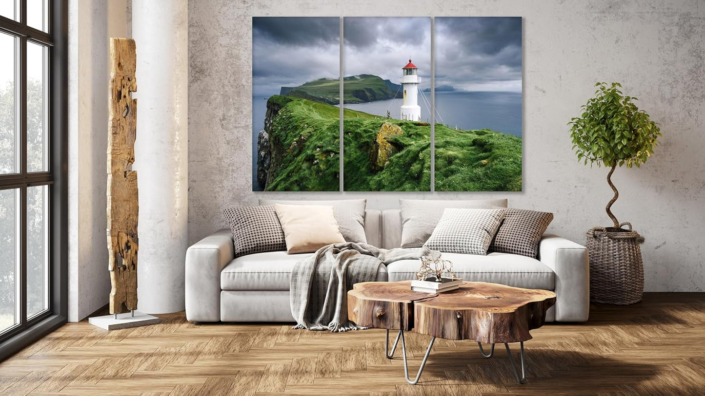 Nature Wall Art Prints - Ocean Forest Mountain Lake Canvas Landscapes - Small to Extra Large Living Room Bedroom Kitchen Bathroom Décor (Stormy Sky Lighthouse, 55L" x 83W"- 3 Panels)