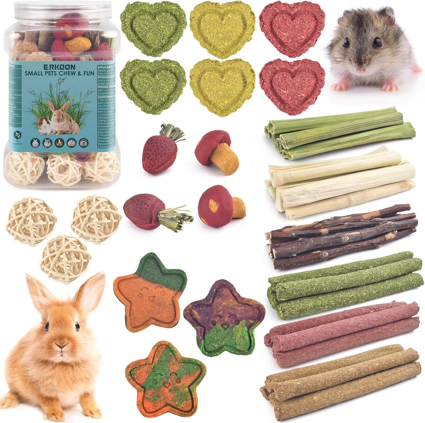 ERKOON 53 Bunny Chew Toys for Rabbits Teeth, Natural Rabbit Toys Apple Wood Sticks, Carrot, Timothy Grass for Small Pets, Hamster, Chinchilla, Guinea Pig Dental Care and Treat Teething(53)