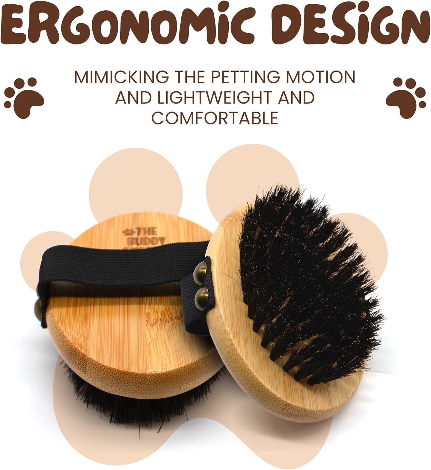 The Buddy System Pet Close Brush, Soft Touch Oval Palm Brush - Bamboo Massage Handheld with Soft Boar Bristles and Elastic Band for Dogs and Cats 2 Pack