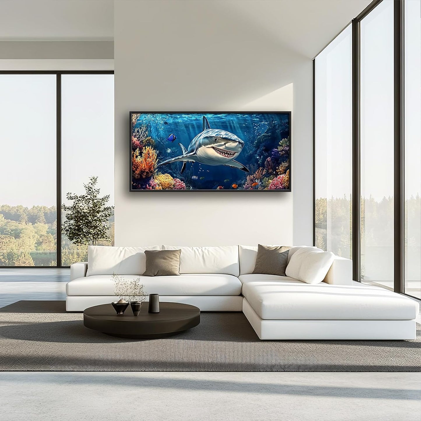 Large Ocean Shark Wall Art for Living Room, Framed Oversized Shark Fish Wall Decor Underwater Marine Life Canvas Painting Modern Artwork for Living Room Bathroom Bedroom Office Dining Room 60"x30"