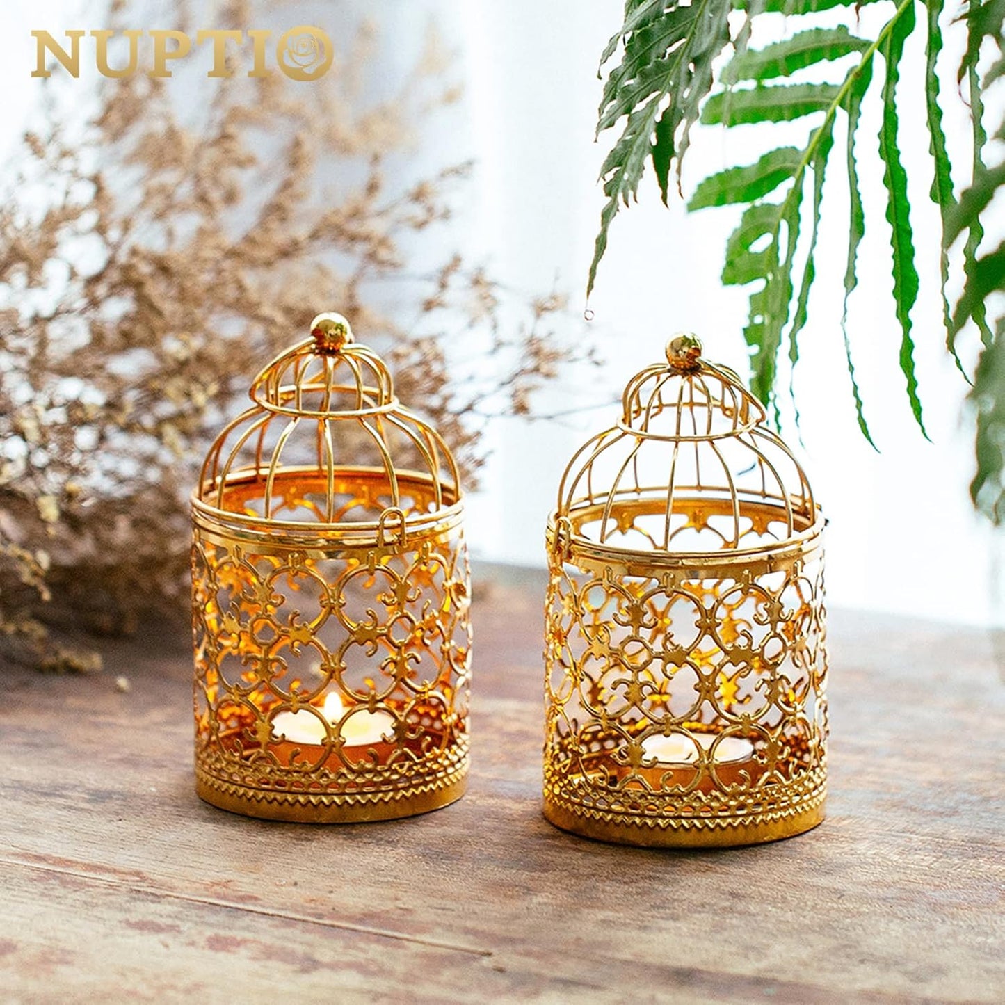 2 Pcs Small Metal Tealight Hanging Birdcage Lantern, Vintage Decorative Centerpieces of Wedding, Party, Gold