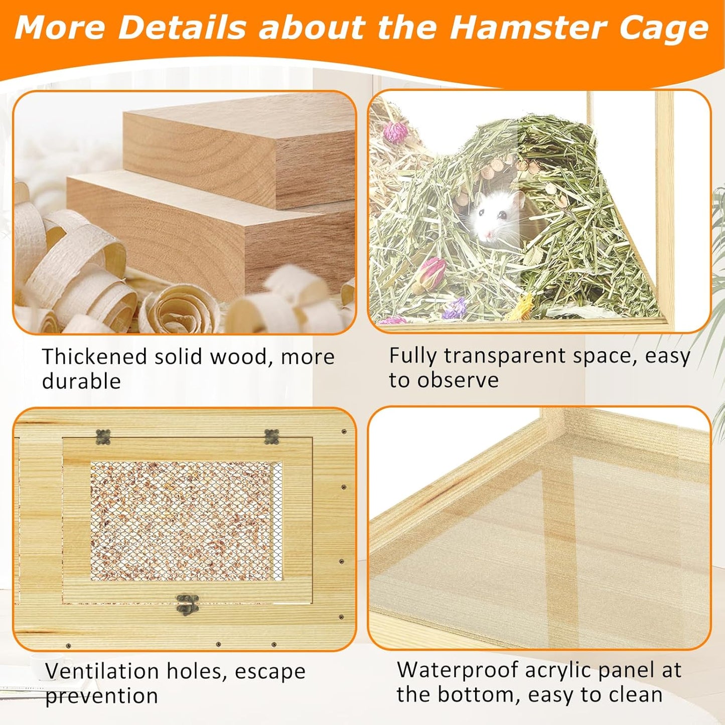 Large Hamster Cage 40", Lockable Sliding Door Gerbil Cage, Dwarf Hamster Cage with Metal Mesh Roof, Mice and Rat Habitat, Chewproof Syrian Hamster Enclosure, (Wooden, 40" L x 20" W x 20" H)
