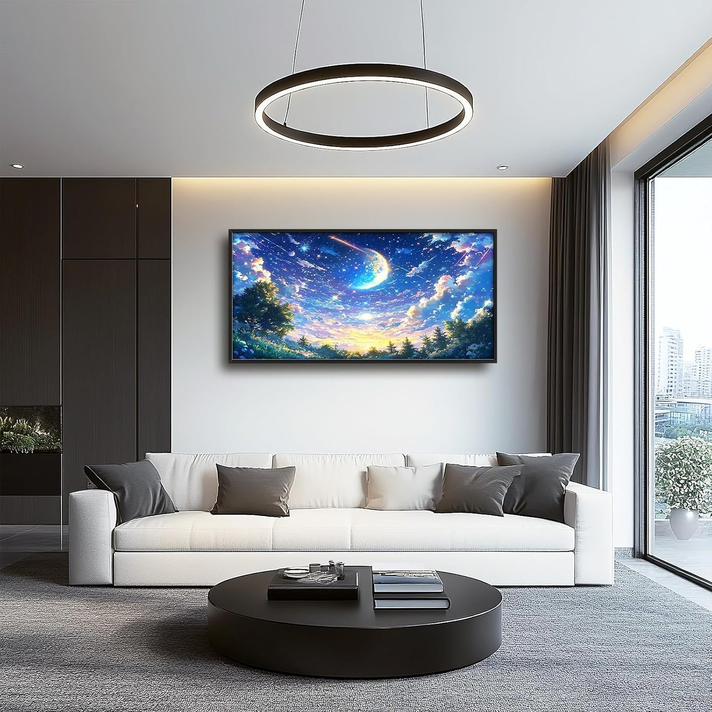 Framed Large Anime Sky Wall Art for Living Room, Oversized Fantasy Night Sky Forest Wall Decor Nature Canvas Painting Modern Artwork Home Decoration for Living Room Bedroom Office 60"x30"