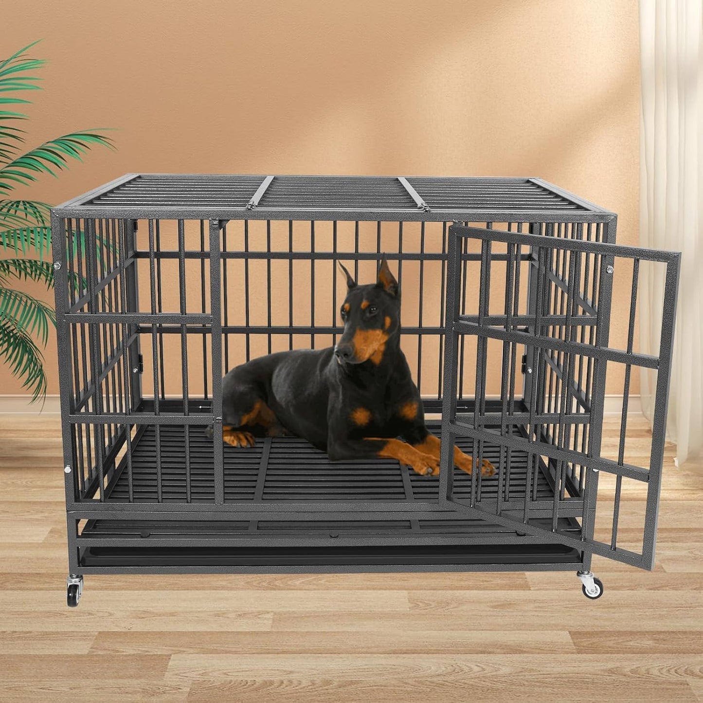 Confote 47 Inch Heavy Duty Dog Crate,High Anxiety Escape-Proof Steel Dog Crate Indestructible Dog Kennel for Medium to Large Dogs, with Lockable Wheels abd Removable Tray