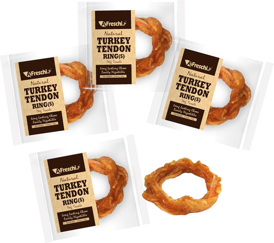 Afreschi Turkey Tendon for Dogs, Dog Treats for Signature Series, All Natural Human Grade Puppy Chew, Ingredient Sourced from USA, Hypoallergenic, Rawhide alternative, 4 Units/Pack Ring (Small)