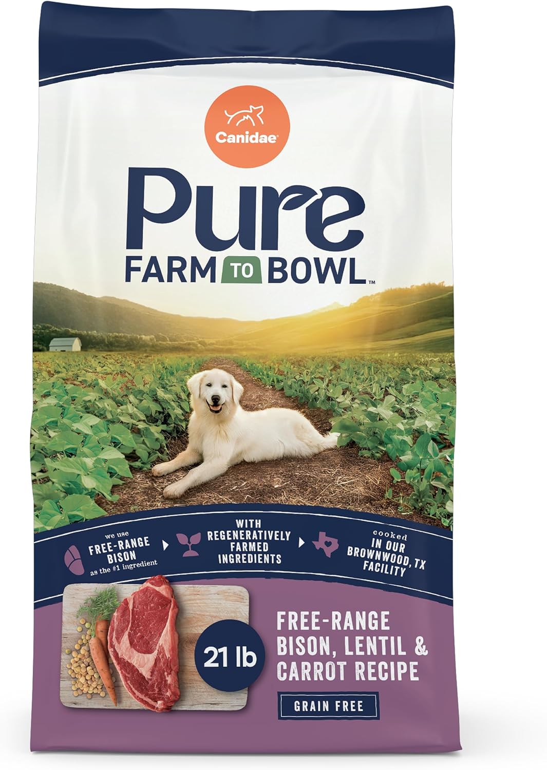 Canidae Pure Farm to Bowl Free-Range Bison, Lentil & Carrot, Adult, Grain-Free Dry Dog Food, 21lb