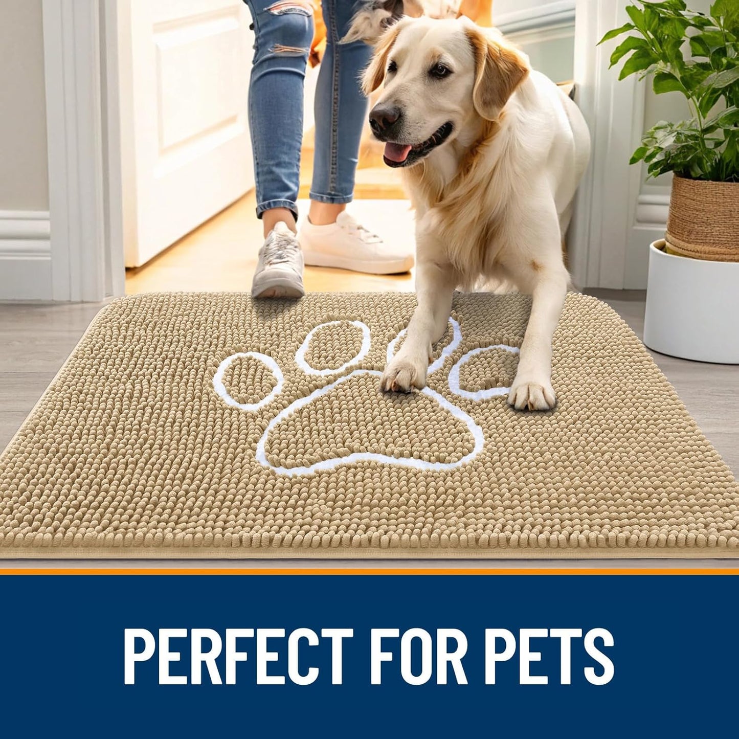 OLANLY Door Mat for Muddy Dog Paws 47x24, Ultra Absorbent Chenille Mud Doormat with Paw Print Design, Non-Slip Washable Doormat for Indoor Entryway, Quick-Dry Pet Bed Mats for Dirty Dogs, Beige
