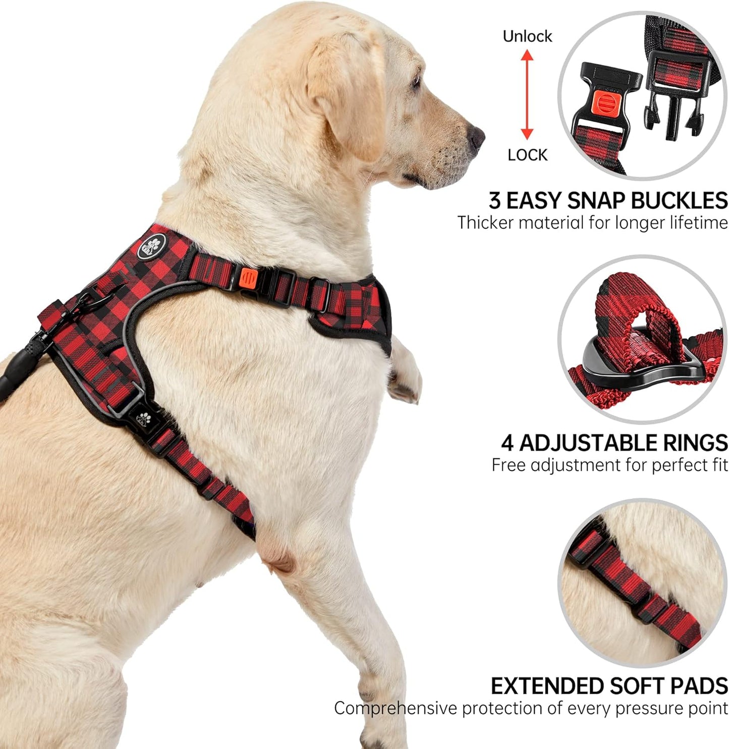 NESTROAD No Pull Dog Harness with Leash, Reflective No Choke Pet Vest Harness,Adjustable Soft Padded Dog Harness with Easy Control Handle for Large Dogs(Checkered Red,Large)
