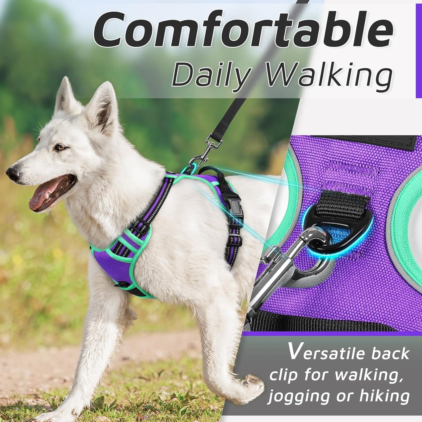 Eagloo Dog Harness for Large Dogs, No Pull Service Vest with Reflective Strips and Control Handle, Adjustable and Comfortable for Walking, No Choke Pet Harness with 2 Metal Rings, Purple & Green, L