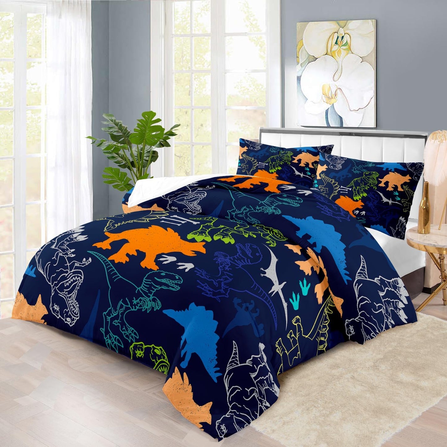 Blue Dinosaur Comforter Set King Boys,Cute Dinosaur Bedding Set King for Kids,Kawaii Dragon Comforter Blue Bedroom Decor,Cute Animal Bedding Kawaii Animal Quilt Boys