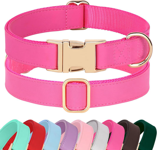PET ARTIST Soft PU Leather Dog Collar, Bright & Stylish Hot Pink Dog Collar Girl with Quick Release Rose Metal Buckle, Nylon Padded Durable Pet Collars Adjustable for Large Dogs, Neck Fit 16-27"