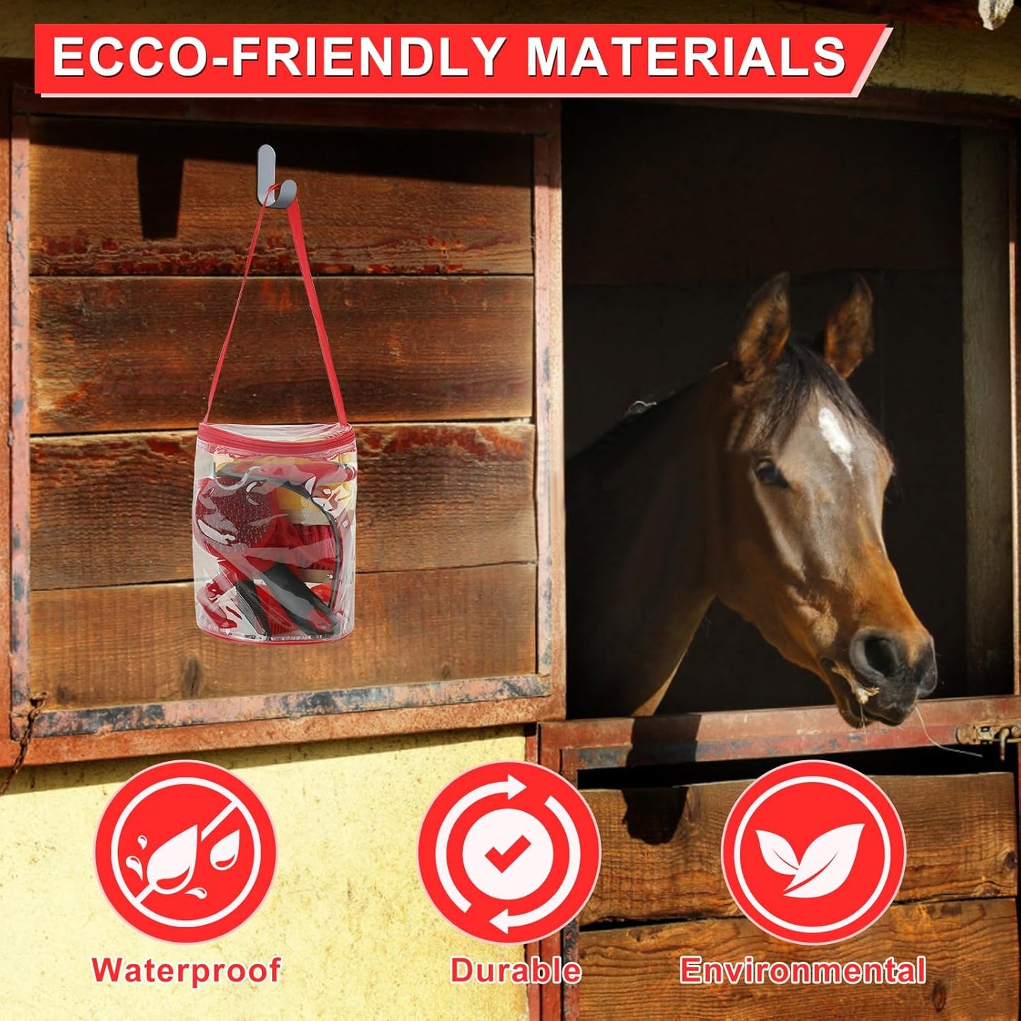 9 Pieces Grooming Kit with Tote Bag - Brush Set, Sweat Scraper, Sponge, Hoof Pick, Curry Comb for Horse Riders and Beginners (Red)