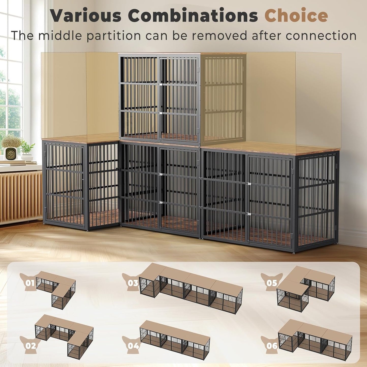 Lyromix 48'' XXL Dog Crate Furniture with 3 Doors,Wooden Crate End Table Heavy Duty Indoor Combination Cage for Medium to Large Dogs, Multiple Units Can be Combined