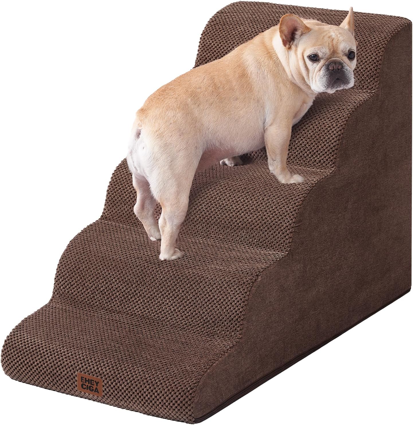 EHEYCIGA Curved Dog Stairs Ramp for High Beds, 5-Step Extra Wide Dog Steps for Small Dogs and Cats, Pet Stairs for High Bed Climbing, Non-Slip Balanced Pet Step Indoor, Brown