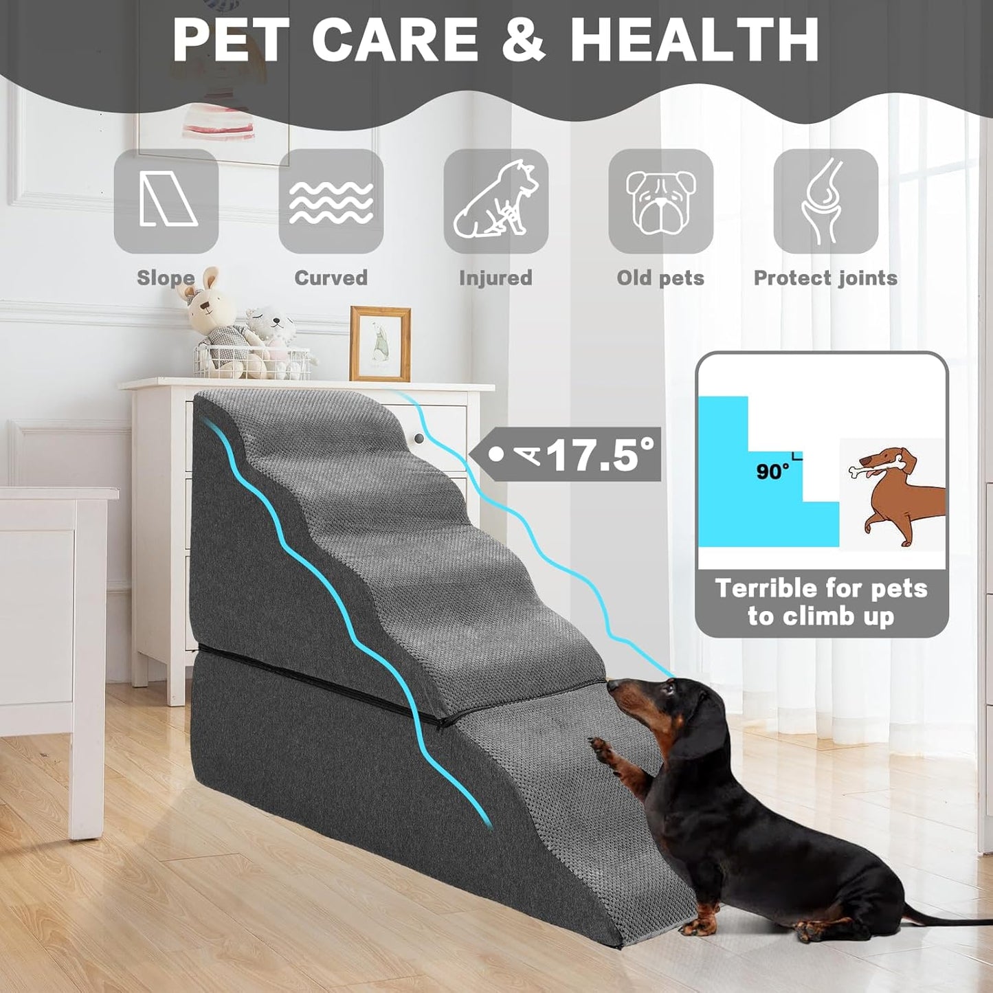 Dog Step Stairs for High Beds 30-36 inches Tall, 6-Step Doggy Steps for Puppies, 33D Foam Pet Stairs Steps for Small Meduim Dogs, Dog Ramp for Old Dogs/Cats, Dark Grey