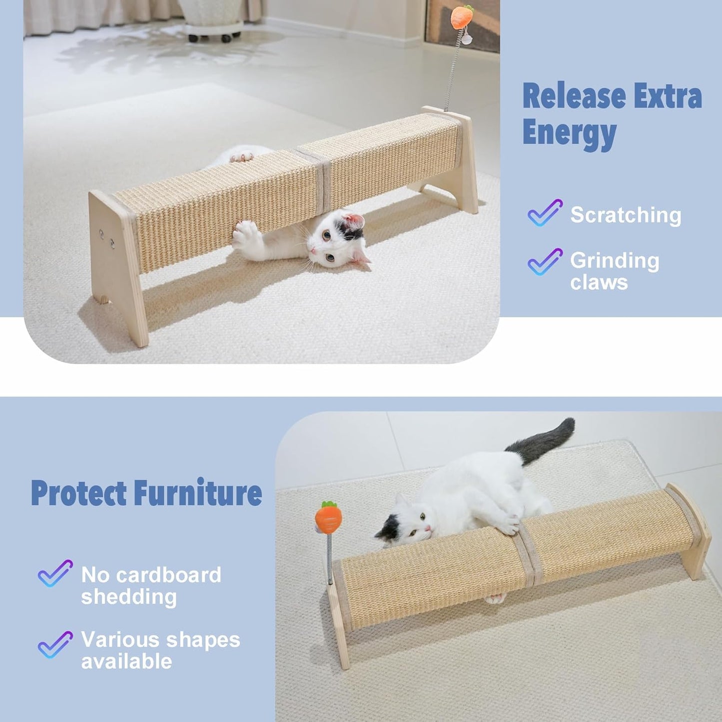 Cat Scratching Post, 30" Horizontal Sisal Scratch Post for Indoor Cats, Durable Cat Furniture Protector with Spring Toy