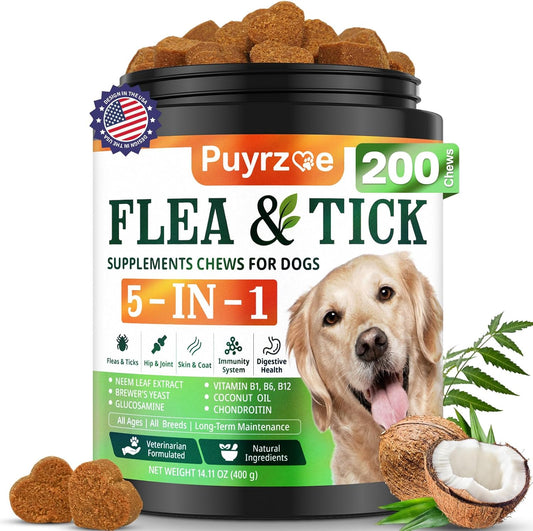 5-in-1 Dog Flea and Tick Treatment Chewable, Natural Flea and Tick Prevention for Dogs Chewable - Flea & Tick | Hip & Joint | Skin & Coat | Immunity Support | Digestive for All Breeds & Sizes
