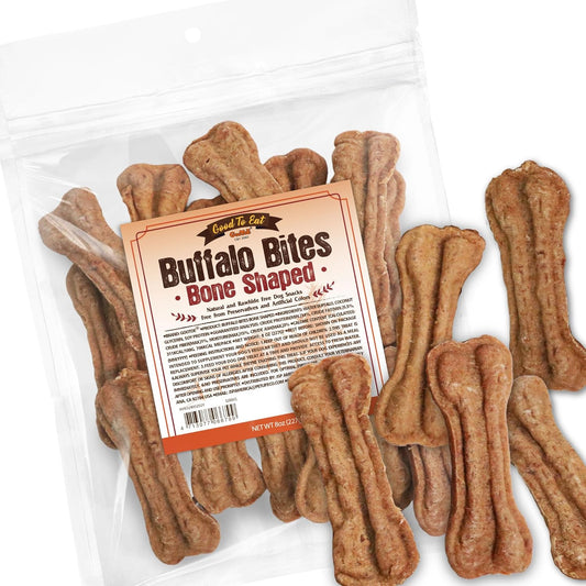 Gootoe Buffalo Dog Treats, Buffalo Bites Bone Shaped 8oz - Natural Low-Fat Chews for Training & Rewards, Limited Ingredient, Resealable Bag, Perfect for Small Dogs & Puppies