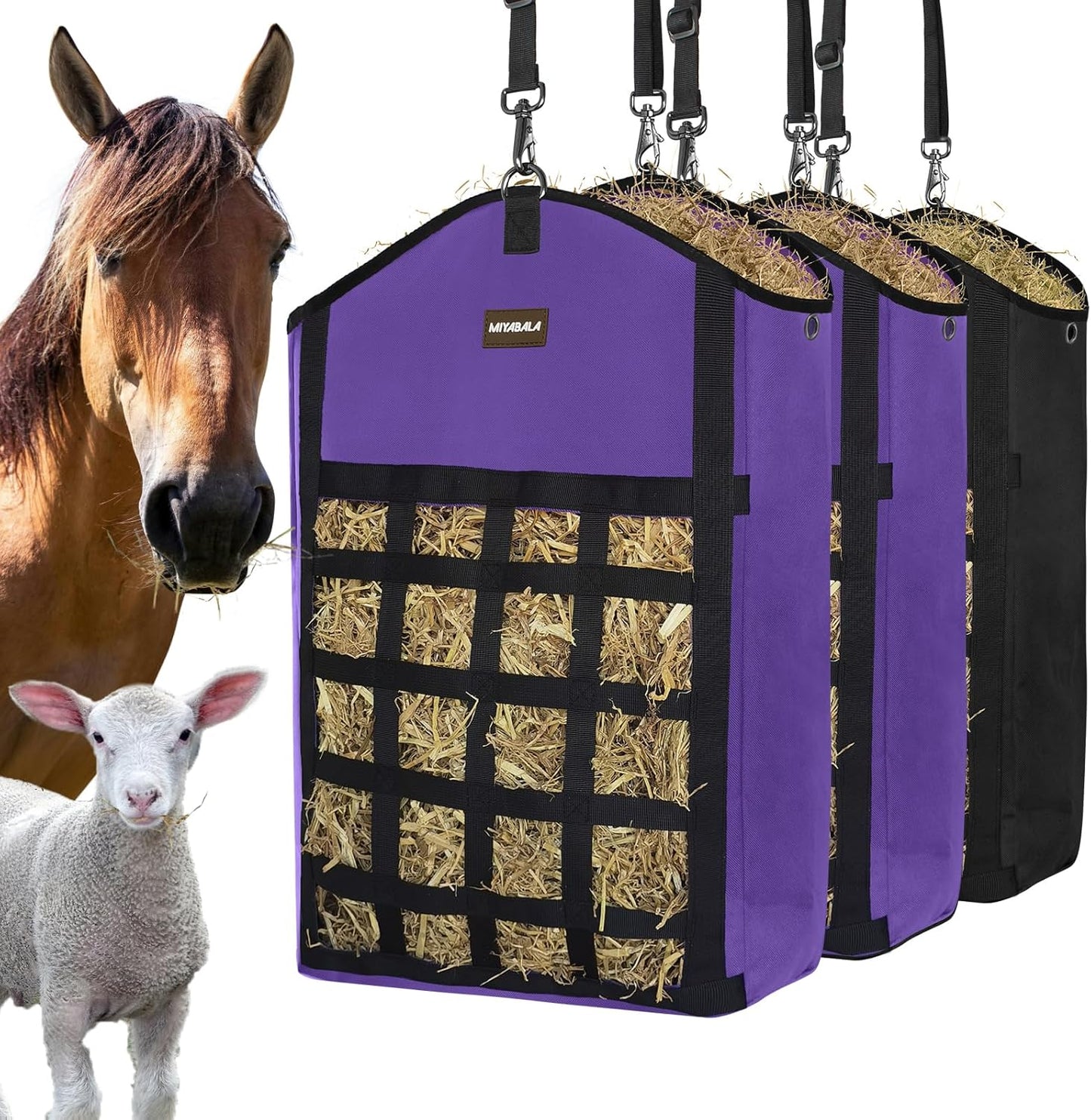 Hay Bags for Horses,3 Packs Slow Feed Hay Bags for Goats,Sheep,Donkey,Premium Oxford Hay Feed Bags with Front Hay Nets Design, Easy to Fill and Hang with Large Opening (2Purple + 1Black)