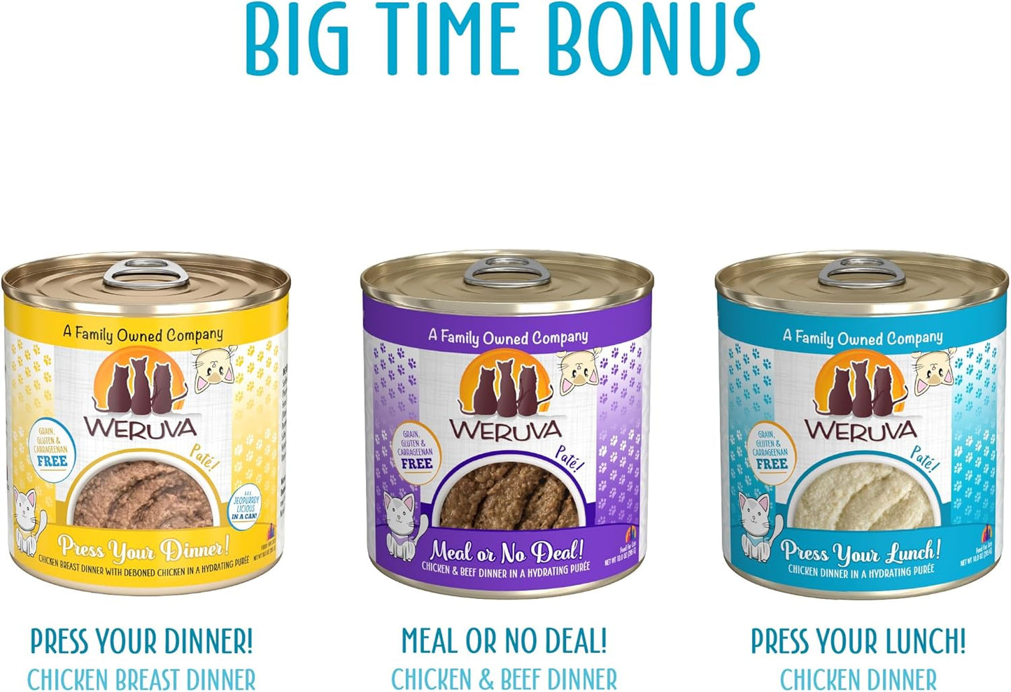 Weruva Wet Cat Food, Big Time Bonus Round Pate Variety Pack, 10oz Can, Pack of 12