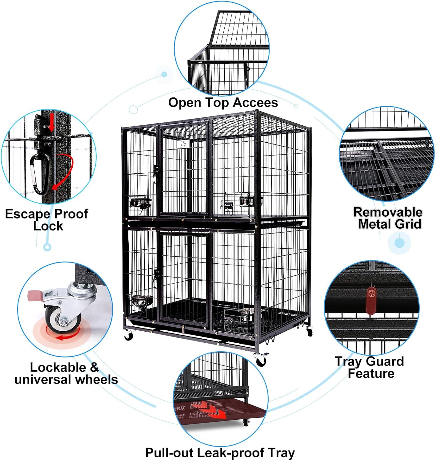 Homey Pet Two Tiers 37 Inch Dog Crate Cage Kennel with Feeding Door and Bowls, Lockable Wheels and Removable Tray, Escape Proof Metal Wire Heavy Duty Dog Crates for Medium/Small Sized Dogs (6 Pack)