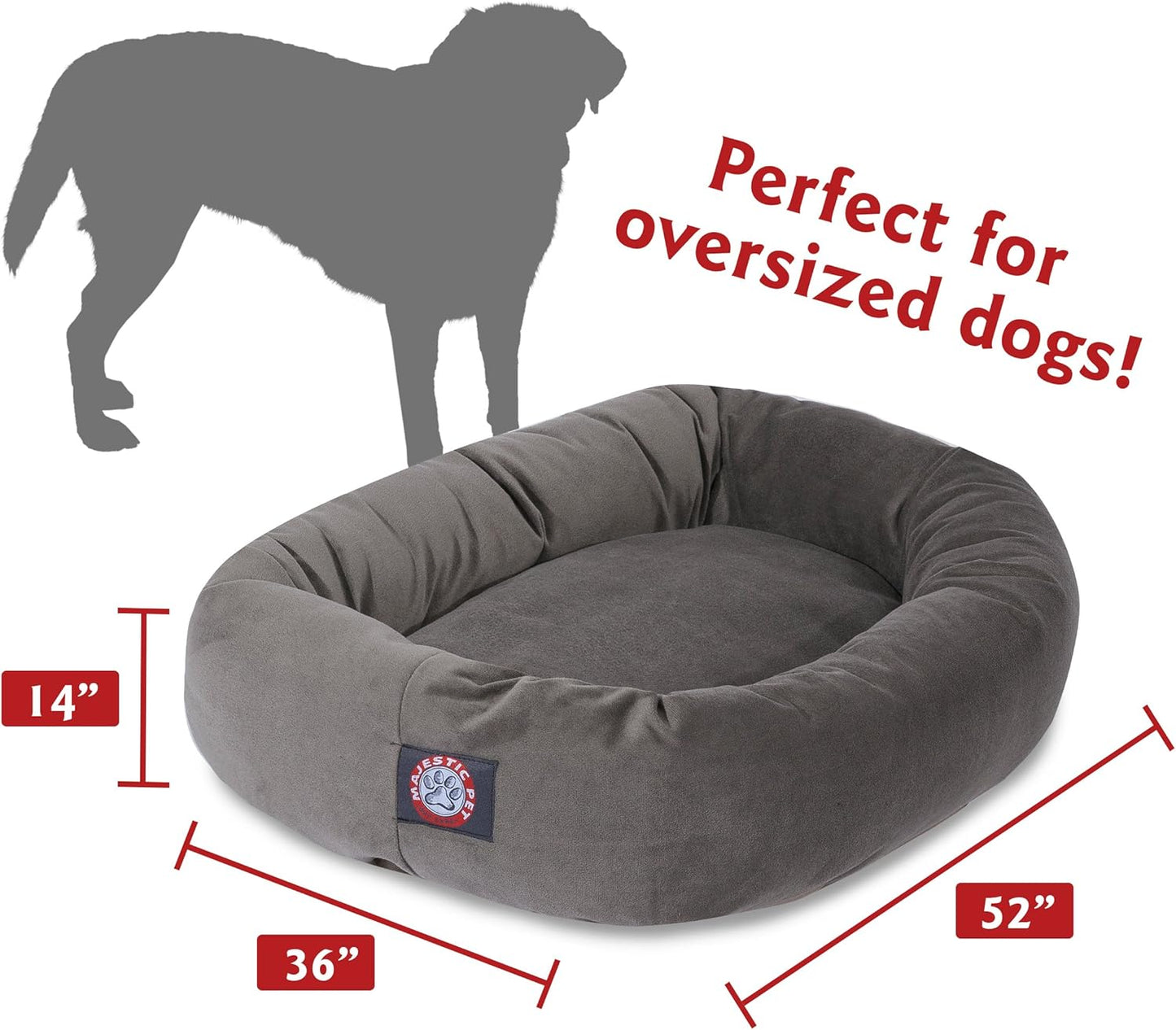 Majestic Pet 52 Inch Suede Calming Dog Bed Washable 52x35x11 (Inch) – Cozy Soft Round Donut Dog Bed with Spine Support for Dogs to Rest Their Head - Pet Bed X- Large – Gray