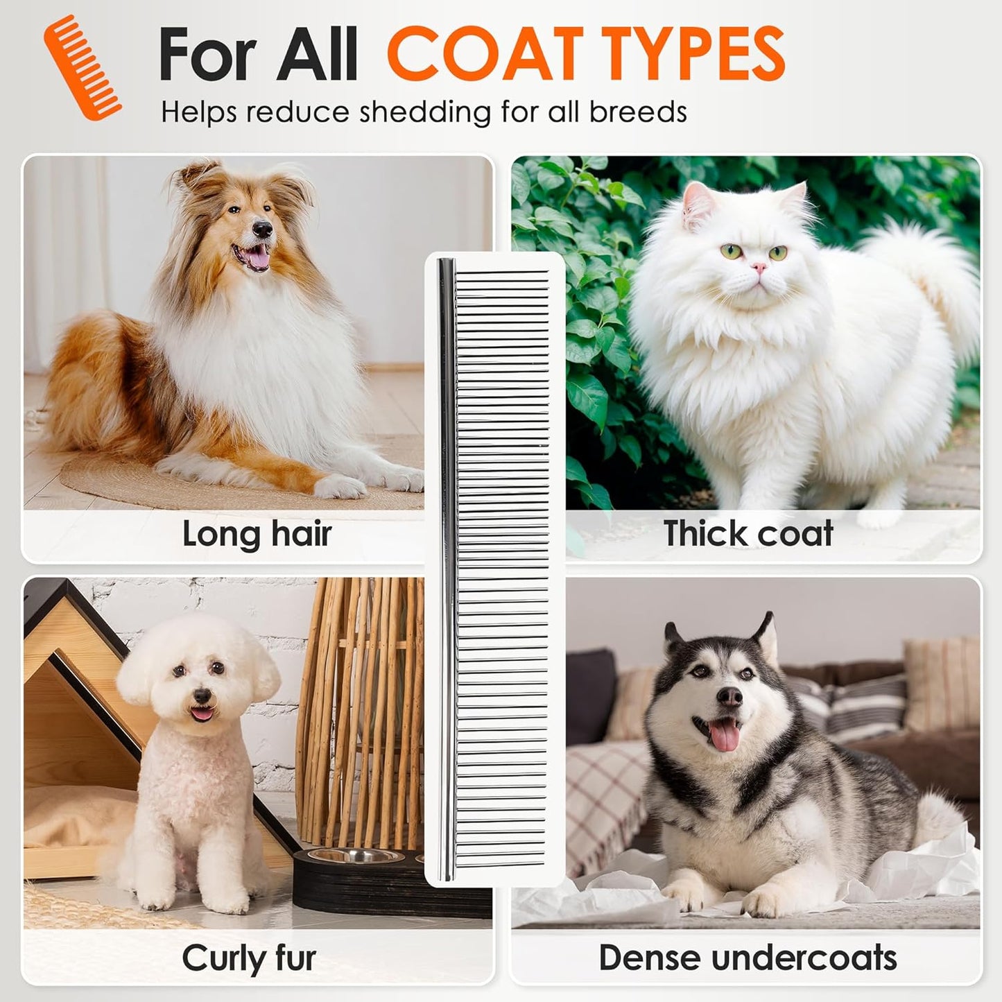 Dog Comb to Remove Tangles and Knots, Cat Comb with Stainless Steel Teeth and Non-Slip Handle, Dog combs for grooming matting for Long Haired Pets (Large & Small)