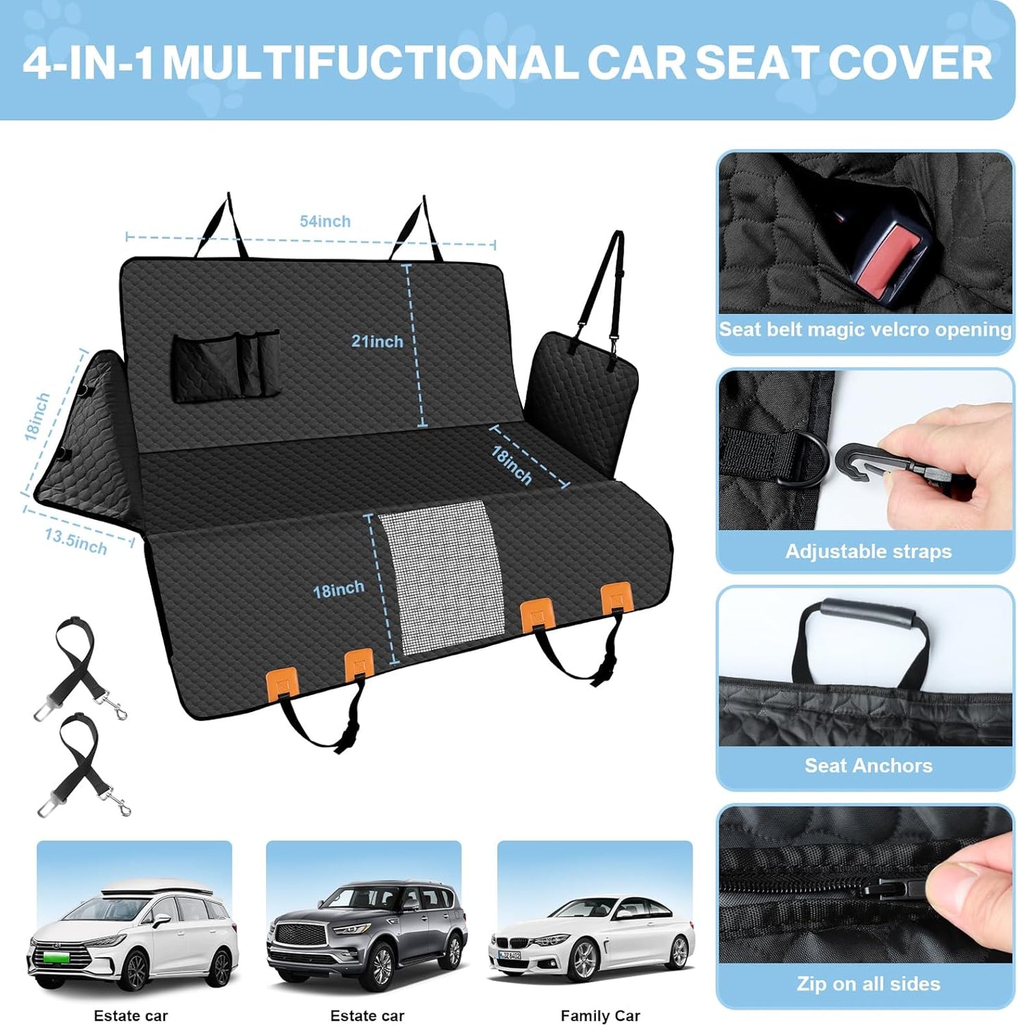 Dog Car Seat Cover for Back Seat, Waterproof Protector with Side Flaps, Scratchproof Hammock, Non-Slip Bottom for Cars/Trucks/SUVs (Black02)