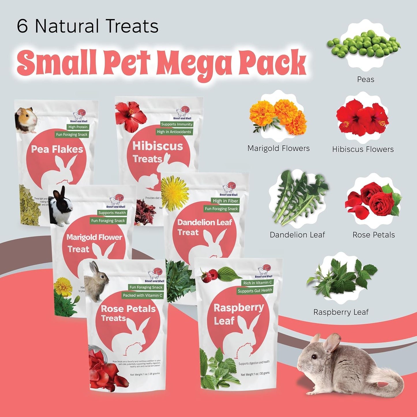 Snout and Shell Small Pet Mega Pack – 6 Natural Treats: Pea Flakes, Dandelion, Raspberry Leaf, Marigold, Rose Petals & Hibiscus – For Rabbits, Guinea Pigs, Chinchillas & More – Foraging & Health Boost