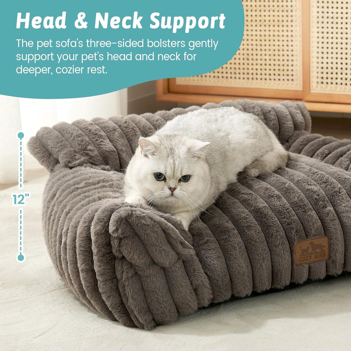Cute Cat Couch, Premium Plush Faux Fur Pet Couch Bed, Ultra-Soft Pet Furniture for Cats & Small Dogs (Grey, S: 25.5''x17.5'')