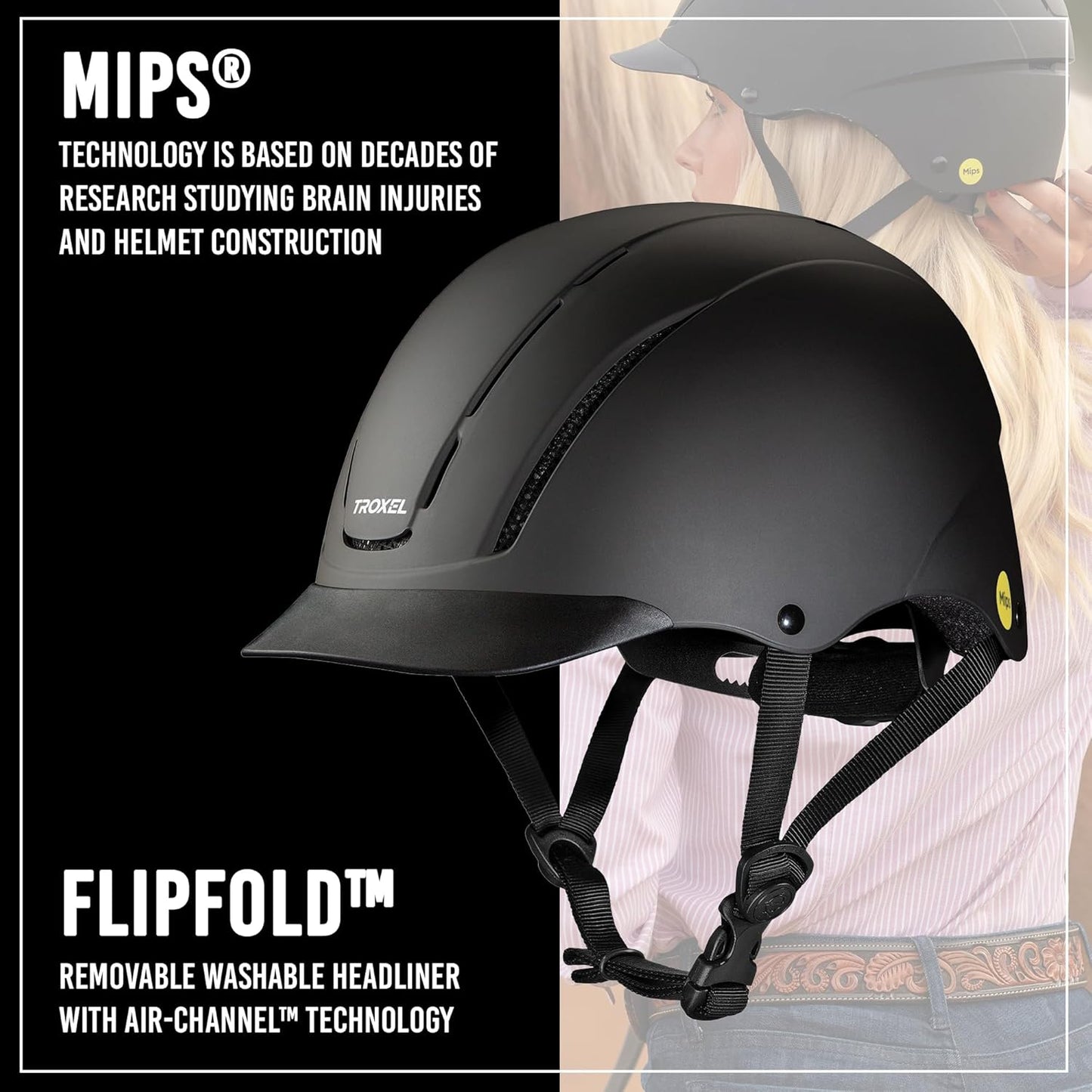 Troxel Spirit MIPS Technology Full Coverage Horse Riding Helmet, Horseback Riding Gear for Equestrians, Large (7-3/8-7-3/4), Black Duratec