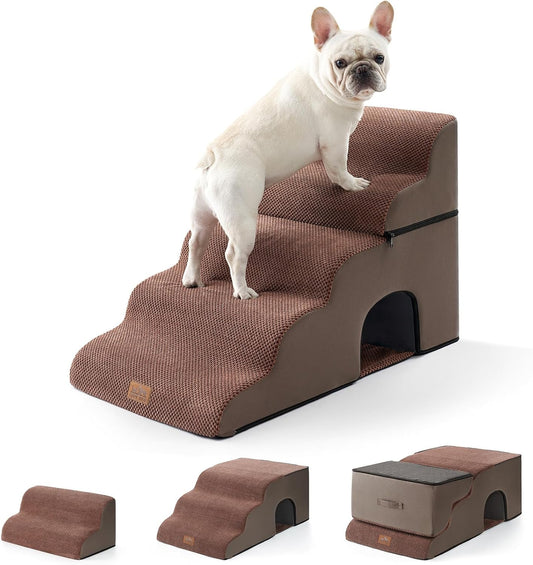 Wide Dog Stairs with Tunnel, Foam Detachable Large Dog Step for Small Pet, Puppy or Cats, Medium Pet Ramp for High Bed, Couch, Sofa or Car, 19.7x33x22.4 inch, 5 Step, Brown