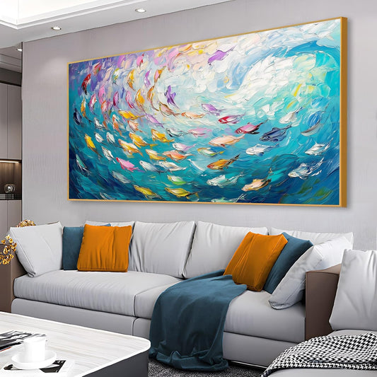 Fish Canvas Wall Art, Abstract School of Fish Canvas Wall Art, School of Fish Painting Canvas, School of Fish Wall Art, Fish Wall Decor, Fish Pictures Wall Decor, Bedroom Canvas Wall Decor (Gold Framed, 30"x17" | 76x43cm)