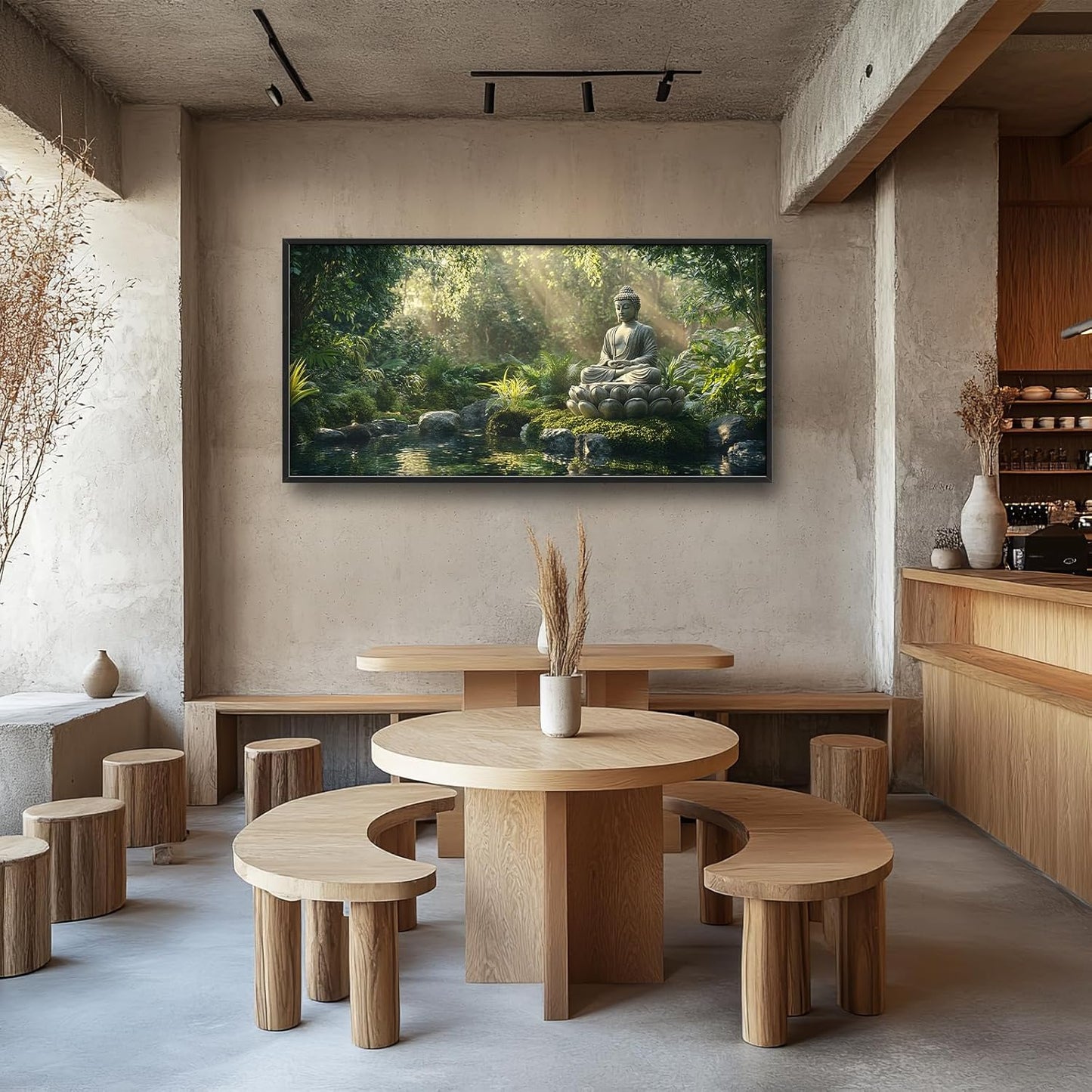 Large Buddha Forest Wall Art for Living Room, Framed Oversized Tree Lake Wall Decor, Nature Landscape Canvas Painting Modern Artwork Home Decoration for Dining Room Bedroom Office 60"x30"